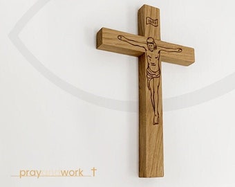 Croce di legno moderna con il signore gesù, Croce di legno di quercia, decoro della parete trasversale, Croce appesa alla parete, Croce del muro di legno, decoro della croce, cattolica