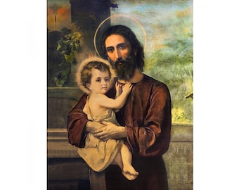 San Giuseppe dipinto su tela con Gesù Cristo piccolo, con bambino, quadri sacri