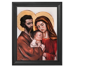 Sec Bellissimo dipinto della Sacra Famiglia su tela, pezzo unico, possibile personalizzazione, regalo di nozze, quadro per la cameretta sopra il letto