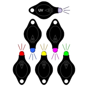 May include: Black LED keychain lights with various colored beams, including red, blue, yellow, pink, and green. One light has a UV beam. The text on the image says "Two free CR2016 batteries OR one CR2032 included per light."
