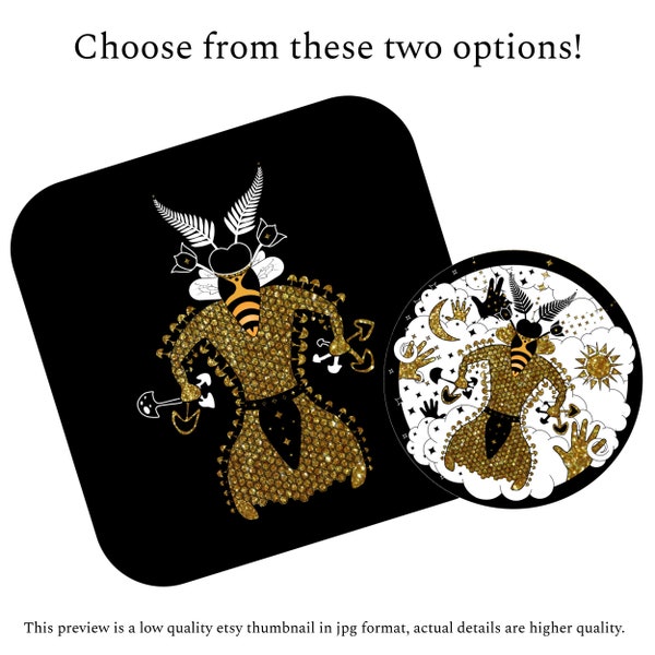 Tough Stickers: Bee-Faced Mushroom Shaman [2" Round or 4" Rounded Square], [Sparkly Gold], [Shiny Glitter], [Weather-Resistant]
