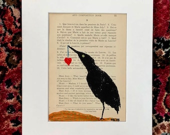 Black bird in Love acrylic on vintage French text