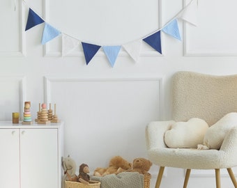 bunting wall decor, Fabric Blue Bunting Banner, Neutral String Banner Nursery wall hanging Wedding decoration bunting, Blue bunting bsnner