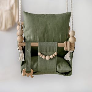 Green Outdoor Garden Baby Swing Schaukel Balançoire with playing beads Garden Swing, Gift For Baby, Wood Swing, Swing with pillow