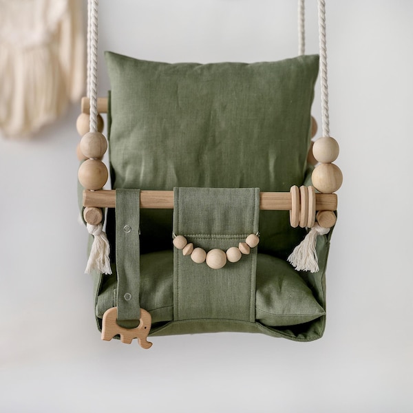 Grüne Gartenschaukel für Babys mit Spielperlen, Geschenk für Babys, Holzschaukel, Schaukel mit Kissen