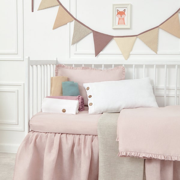 Pink Farmhouse Ruffled Crib bedding set, crib bedding set girl, Cot Bedding Set, Girl Baby Crib Bedding, linen nursery bedding
