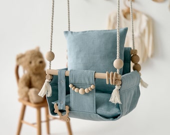 Baby Swing, Handmade Swing, First Birthday Baby Gift, Outdoor Indoor Swing, Outdoor Baby Swing, Blue Baby Swing, Montessori Swing