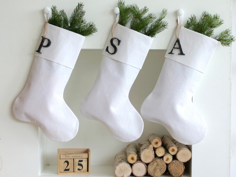 White Christmas Stocking, Personalized Linen Stocking, Scandinavian Christmas, Neutral Family Stockings, Farmhouse Stocking, White Christmas image 1