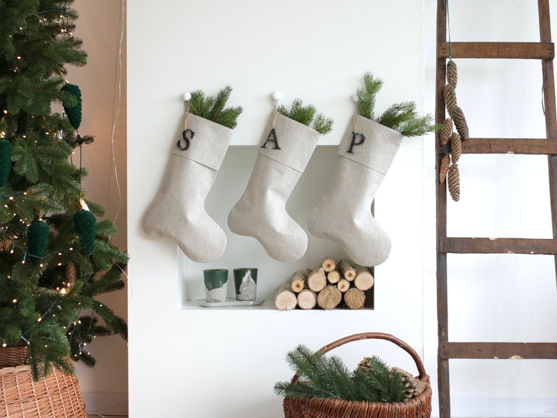 White Christmas Stocking, Personalized Linen Stocking, Scandinavian Christmas, Neutral Family Stockings, Farmhouse Stocking, White Christmas image 10
