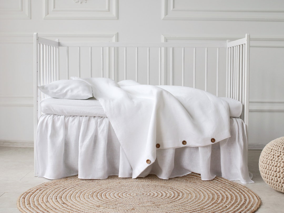 White Linen Baby Bedding Set, Linen Baby Bedding, White Crib Bedding