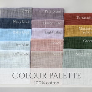 May include: A selection of folded fabric swatches in a range of colours: grey, navy blue, baby blue, ice blue, off white, pale plum, dusty lilac, light lilac, peach, sand, terracotta, mustard yellow, green, and sage green. Text reads "COLOUR PALETTE" and "100% cotton".