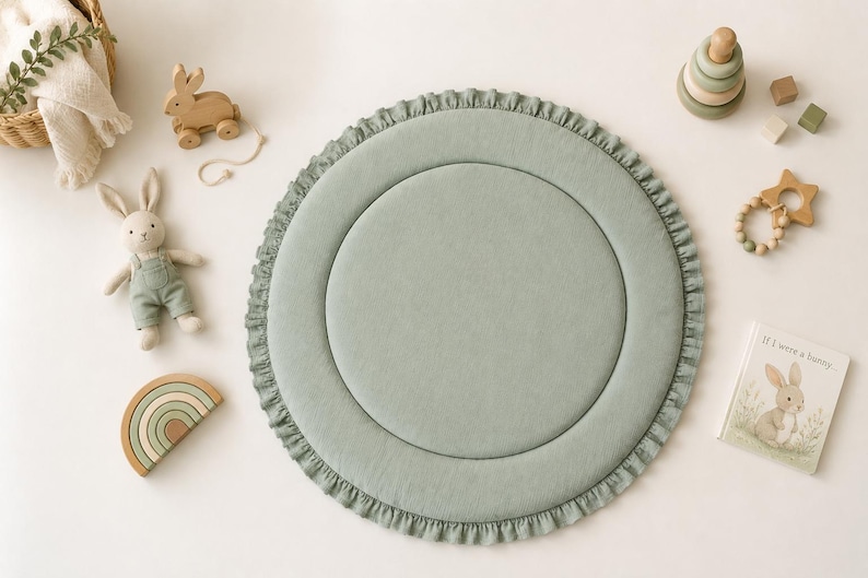 Sage Green Play mat, Baby Gifts, Play Mat For Newborns, Baby play mat, Baby Rug, Round Baby Mat, Nursery Floor mat, Infant Activity Mat, image 9