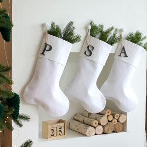 White Christmas Stocking, Personalized Linen Stocking, Scandinavian Christmas, Neutral Family Stockings, Farmhouse Stocking, White Christmas image 2