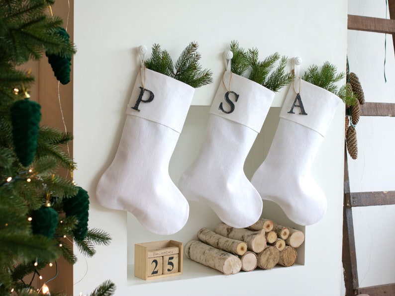 White Christmas Stocking, Personalized Linen Stocking, Scandinavian Christmas, Neutral Family Stockings, Farmhouse Stocking, White Christmas image 2