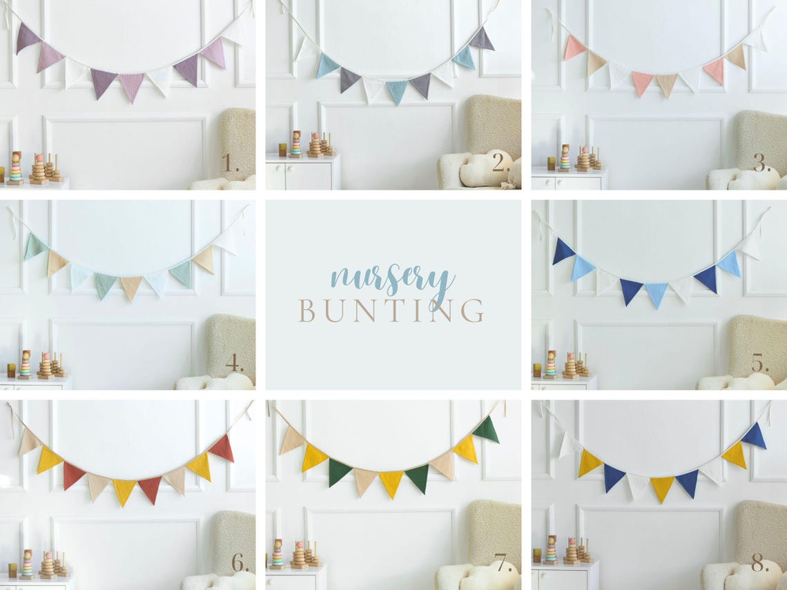 Blue String Bsnner Bunting Wall Decor, Fabric Blue Bunting Banner, Neutral String Banner ...