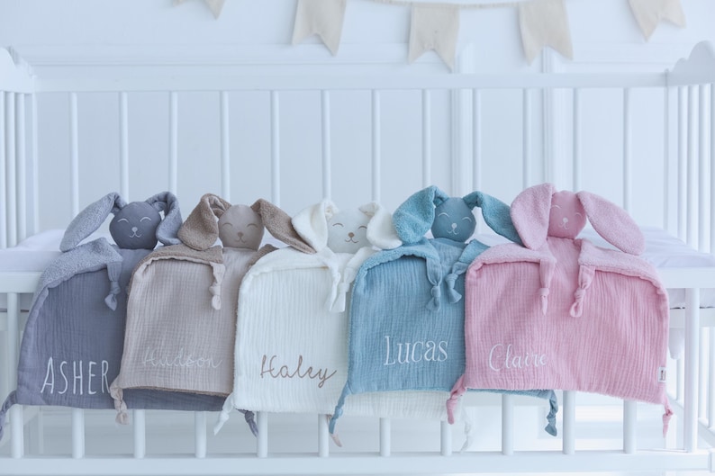 Bunny comforter, Personalised baby comforter, New baby gift, Baby christening gift, Embroidered security blanket, Baby shower gift. image 4