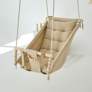 Beige Outdoor Garden Linen Baby Swing Schaukel Balançoire with playing beads Garden Swing, Gift For Baby, Wood Swing, Swing with pillow