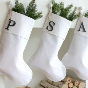 White Christmas Stocking, Personalized Linen Stocking, Scandinavian Christmas, Neutral Family Stockings, Farmhouse Stocking, White Christmas image 4