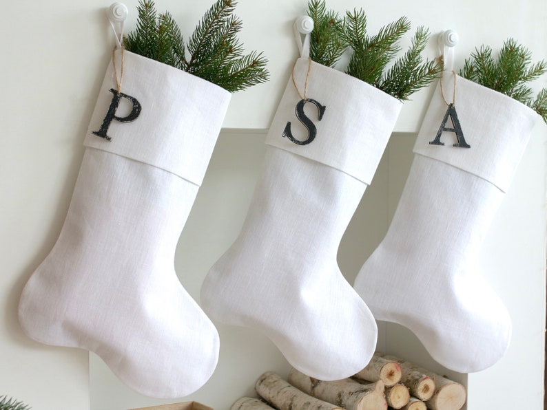 White Christmas Stocking, Personalized Linen Stocking, Scandinavian Christmas, Neutral Family Stockings, Farmhouse Stocking, White Christmas image 4