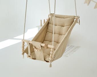 Beige Outdoor Garden Linen Baby Swing Schaukel Balançoire with playing beads Garden Swing, Gift For Baby, Wood Swing, Swing with pillow