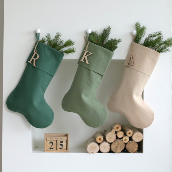 Personalised Christmas Stocking, Minimalist Linen Stocking, Scandinavian Christmas Decor, Neutral Family Stockings, Natural Linen Xmas