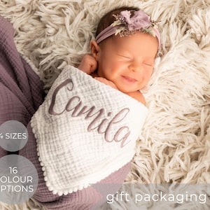 Personalised Baby Blanket, Baby Gift Blanket, Embroidered Name Blanket, Muslin Wrap, Newborn Baby Gift, Blanket with name, muslin blanket
