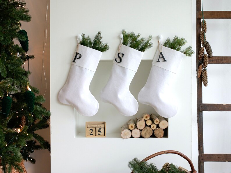 White Christmas Stocking, Personalized Linen Stocking, Scandinavian Christmas, Neutral Family Stockings, Farmhouse Stocking, White Christmas image 3