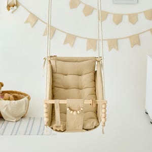 Baby Swing Indor Outdoor, toddler swing, Schaukel Balançoire with playing beads Garden Swing, Gift For Baby, Wood Swing, Swing with pillow