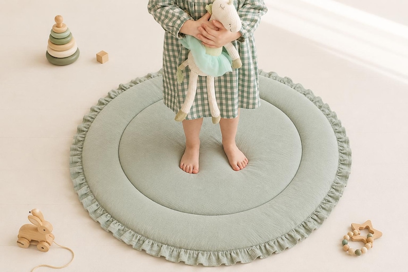 Sage Green Play mat, Baby Gifts, Play Mat For Newborns, Baby play mat, Baby Rug, Round Baby Mat, Nursery Floor mat, Infant Activity Mat, image 3