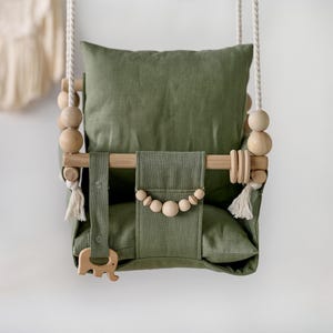 Green Outdoor Garden Baby Swing Schaukel Balançoire with playing beads Garden Swing, Gift For Baby, Wood Swing, Swing with pillow
