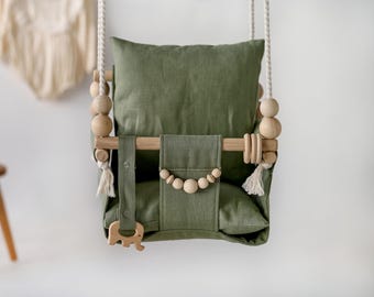 Green Outdoor Garden Baby Swing Schaukel Balançoire with playing beads Garden Swing, Gift For Baby, Wood Swing, Swing with pillow