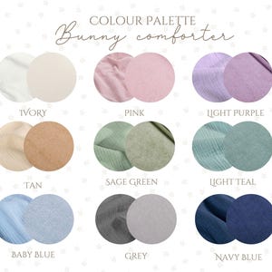 a collection of color palettes for a bunny comforter, including various shades of white, light purple, light teal, and navy blue.