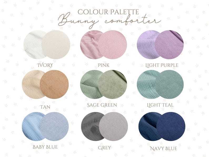 a collection of color palettes for a bunny comforter, including various shades of white, light purple, light teal, and navy blue.