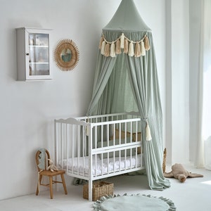 Muslin Bed Canopy with tassels, Canopy bed kids, Hanging Canopy, Reading Nook Canopy, Bed Canopy, Bed Tent, Muslin Bed Canopy