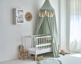 Muslin Bed Canopy with tassels, Canopy bed kids, Hanging Canopy, Reading Nook Canopy, Bed Canopy, Bed Tent, Muslin Bed Canopy