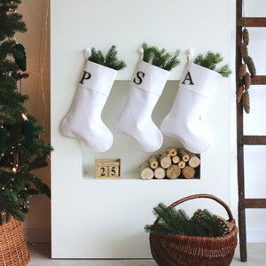 White Christmas Stocking, Personalized Linen Stocking, Scandinavian Christmas, Neutral Family Stockings, Farmhouse Stocking, White Christmas image 5