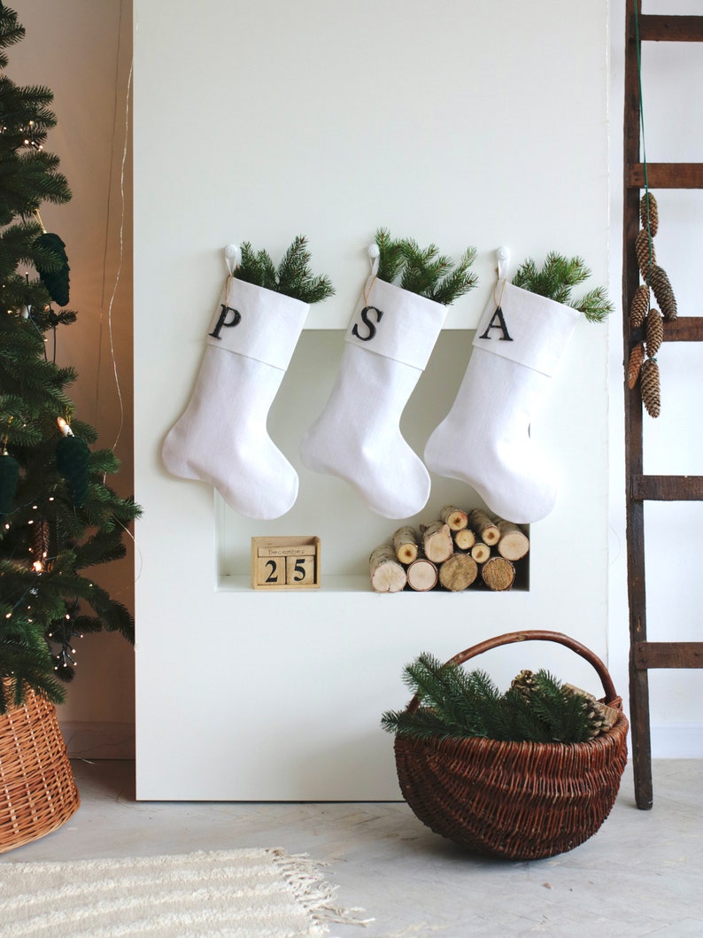 White Christmas Stocking, Personalized Linen Stocking, Scandinavian Christmas, Neutral Family Stockings, Farmhouse Stocking, White Christmas image 5