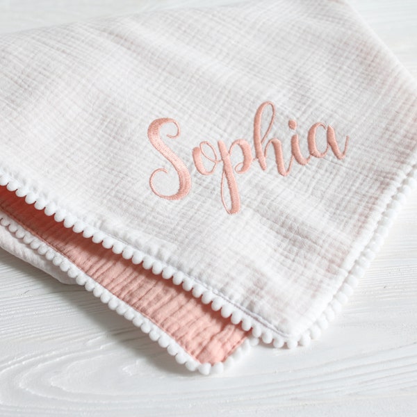 Personalized Baby Blanket, Personalised Stroller blanket,  Organic Cotton  baby blanket, New Baby gift Newborn Baby muslin blanket