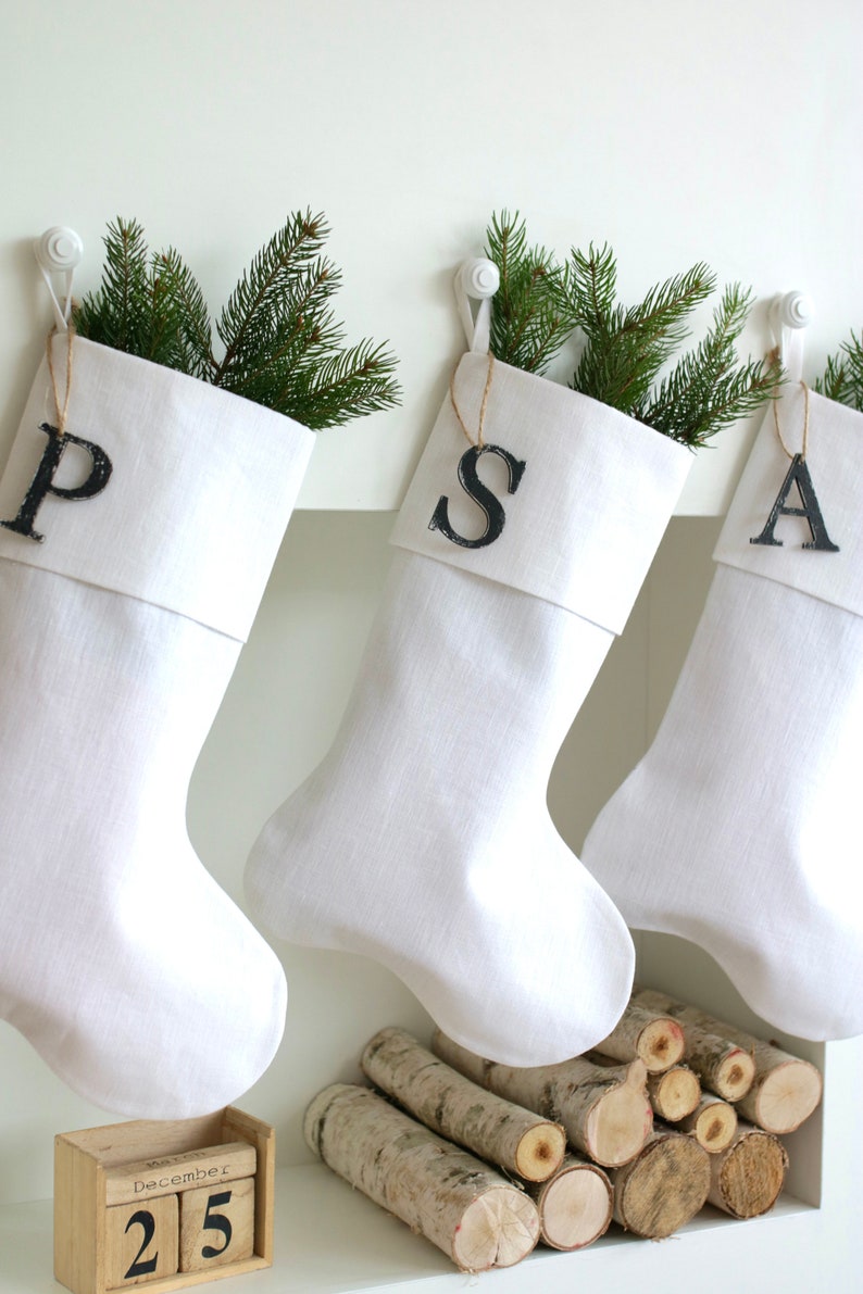 White Christmas Stocking, Personalized Linen Stocking, Scandinavian Christmas, Neutral Family Stockings, Farmhouse Stocking, White Christmas image 6