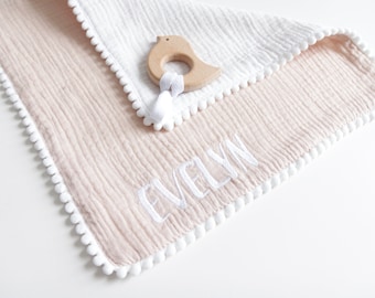 Gepersonaliseerde babydeken, baby mousseline dekbed, mousseline fopspeen houder deken, babyshower cadeau, mooie deken babyshower