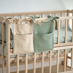 Natural Linen Crib Organizer, Baby Cot Pocket Organizer, Diapers Beige Organizer, Baby Nursery Storage, Hanging Sage Pocket
