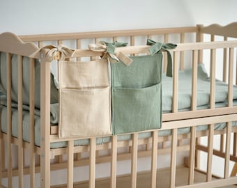Natural Linen Crib Organizer, Baby Cot Pocket Organizer, Diapers Beige Organizer, Baby Nursery Storage, Hanging Sage Pocket