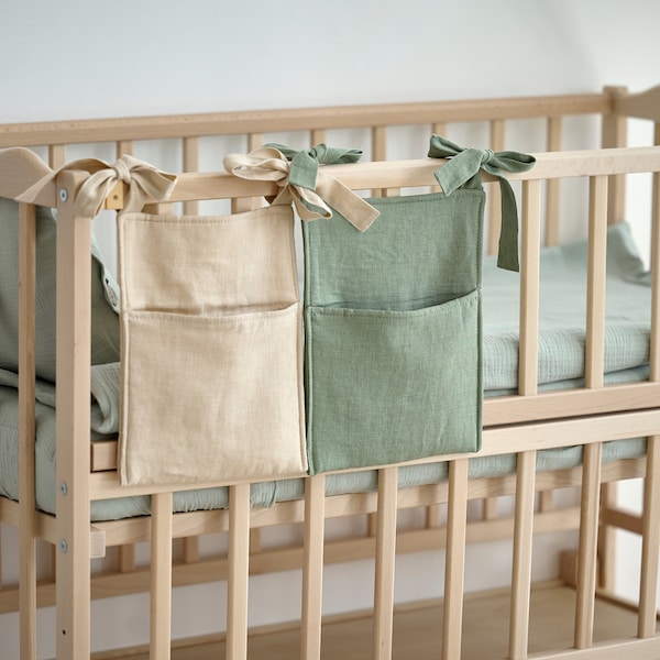 Natural Linen Crib Organizer, Baby Cot Pocket Organizer, Diapers Beige Organizer, Baby Nursery Storage, Hanging Sage Pocket