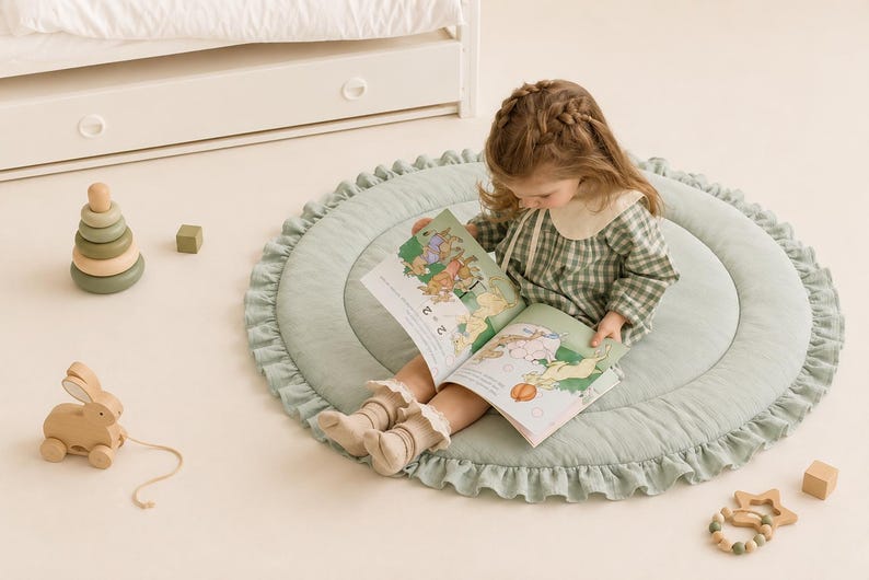 Sage Green Play mat, Baby Gifts, Play Mat For Newborns, Baby play mat, Baby Rug, Round Baby Mat, Nursery Floor mat, Infant Activity Mat, image 2