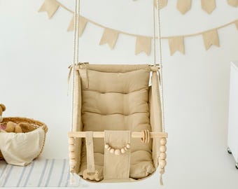 Baby Swing Indor Outdoor, toddler swing, Schaukel Balançoire with playing beads Garden Swing, Gift For Baby, Wood Swing, Swing with pillow