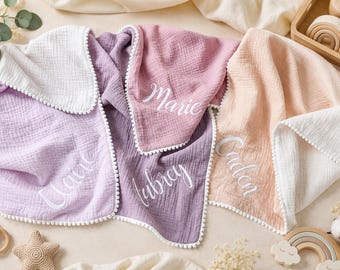 Gepersonaliseerde babydeken, deken babycadeau, geborduurde naamdeken, mousseline omslagdoek, cadeau pasgeboren baby, deken met naam, mousseline deken