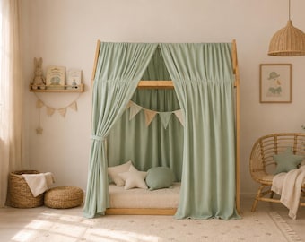 Dosel de cama Montessori, cortinas para cama con dosel, cubrecamas con forma de casita, baldaquín Montessori, cortinas para cama con forma de casita Montessori, dosel de muselina verde salvia