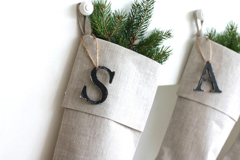 White Christmas Stocking, Personalized Linen Stocking, Scandinavian Christmas, Neutral Family Stockings, Farmhouse Stocking, White Christmas image 8