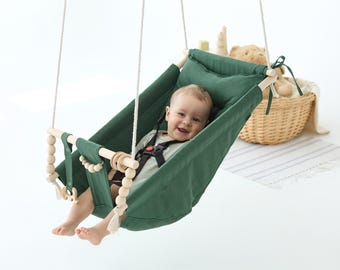 Green Outdoor Garden Baby Swing Schaukel Balançoire with playing beads Garden Swing, Gift For Baby, Wood Swing, Swing with pillow