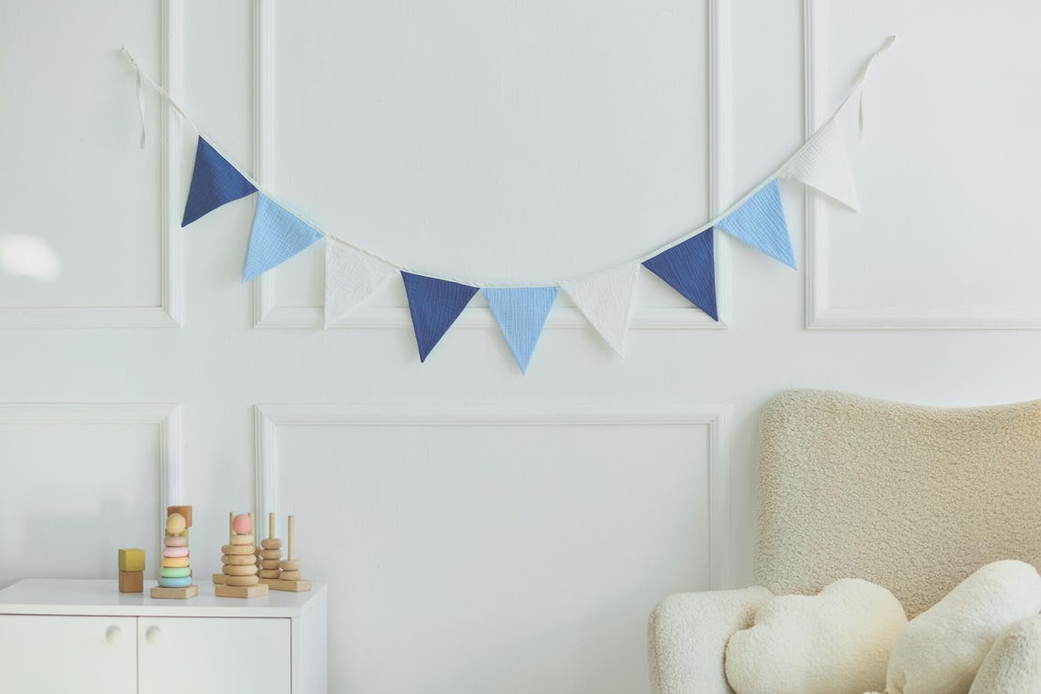Blue String Bsnner Bunting Wall Decor, Fabric Blue Bunting Banner, Neutral String Banner ...
